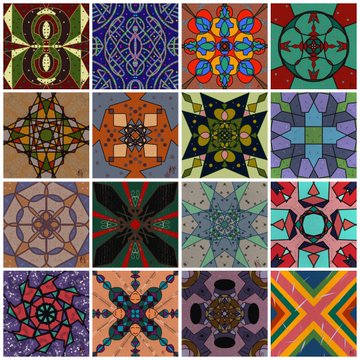 A grid of sixteen colorful, symmetrical kaleidoscope-like pattern tiles in various vibrant colors and geometric designs.