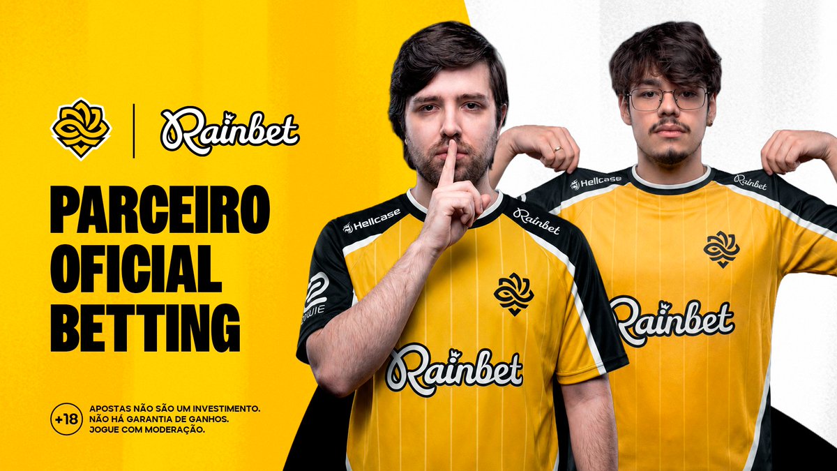 Two players pose in yellow and black Rainbet jerseys, with one making a "shh" gesture, announcing Rainbet as the team's "Parceiro Oficial Betting" (Official Betting Partner), accompanied by an +18 responsible gambling warning.