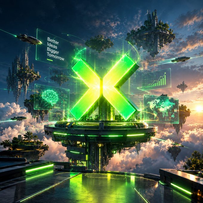 A futuristic sci-fi landscape showing a glowing green 'X' hologram platform floating among clouds at sunset, surrounded by floating islands, spaceships, and text reading 'Better Ideas Bigger Tomorrow'.