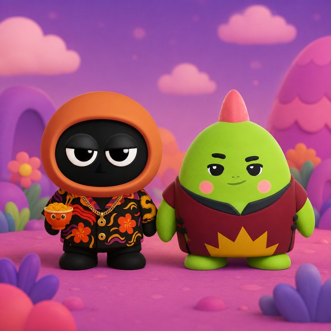 The image features two cartoon characters standing next to each other against a purple background with clouds. One character has an orange hoodie and the other has a green outfit. The text "Health data is kind of useless when it just sits in 5 different apps. Sleep here. Workout there. Nutrition barely connected. That's why I like what @sleepagotchi is building. Not just another tracker, but a layer that helps turn those daily signals into".