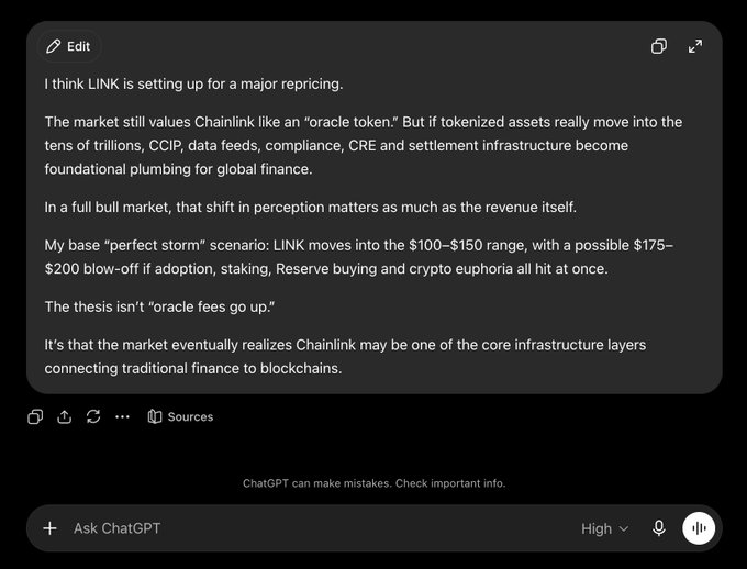 A ChatGPT response arguing that $LINK (Chainlink) is set up for a major repricing, with a "perfect storm" scenario projecting a $100–$150 base range and a possible $175–$200 blow-off if tokenized assets shift Chainlink's perception from an "oracle token" to core infrastructure connecting traditional finance to blockchains.