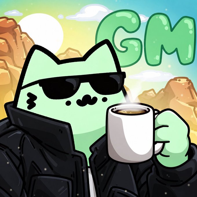 A cartoon illustration of a green cat-like character wearing black sunglasses and a black jacket, holding a steaming white mug, with a large green 'GM' text balloon in the background.