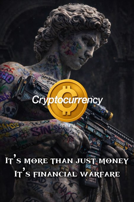 An AI-generated image of a tattooed classical statue holding a gun with a Bitcoin coin overlay, captioned 'Cryptocurrency: It's more than just money, it's financial warfare.'