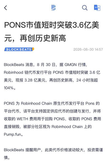 A screenshot of a BlockBeats news article from August 30, 2026, headlined "PONS市值短时突破3.6亿美元，再创历史新高" (PONS market cap briefly breaks $360 million, hitting a historic new high), reporting a 104% surge in 24 hours. The article describes PONS as the native platform token for Pons, a fixed-supply token issuance platform on Robinhood Chain, with collected WETH fees used to buy back PONS and collected PONS fees burned—drawing comparisons to Pump.fun.