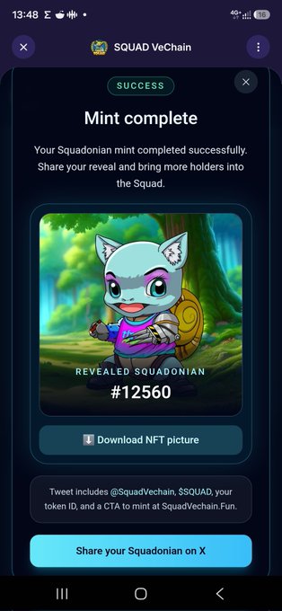 A mobile screen showing 'Mint complete' success message from SQUAD VeChain, displaying a 'Revealed Squaddonian #12560' NFT featuring a cartoon turtle character holding a rock.