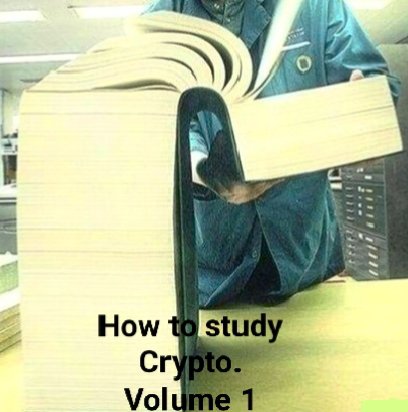 A meme featuring a person holding an extremely thick book titled 'How to study Crypto. Volume 1'.