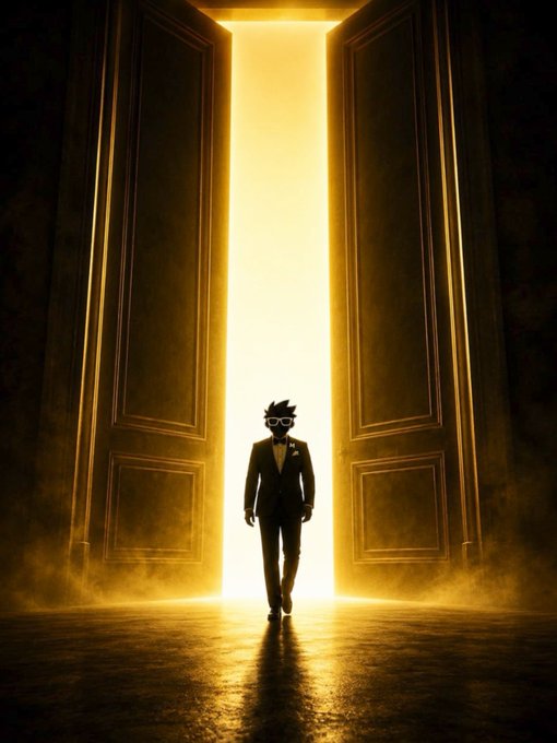 A silhouetted figure in a suit strides confidently through massive glowing golden doors, symbolizing a grand and powerful breakthrough. The imagery aligns with the post's promise of a major, transformative update for $MANIFEST, conveying the emergence of a strong reversal and a significant buying opportunity amid the Solana ecosystem's recent downturn.