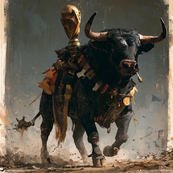A powerful black bull, adorned with a World Cup trophy on its back, charges forward, embodying the "World Cup Bull" mentioned in the accompanying text. This image visually represents the bullish momentum and championship spirit associated with the $WCBULL token.
