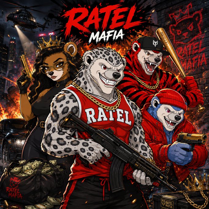Vibrant 'Ratel Mafia' artwork depicts anthropomorphic animals in red jerseys armed with weapons, money bags, and gold accessories.