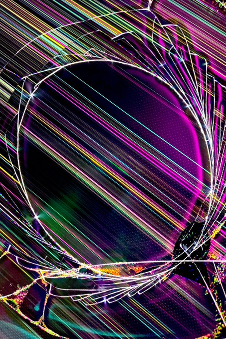 An abstract, psychedelic digital artwork with vibrant neon pink, purple, green, and yellow streaks radiating across a dark background with curved line patterns.
