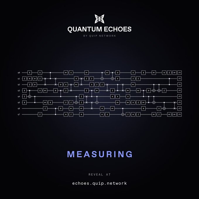 A quantum computing graphic titled 'QUANTUM ECHOES BY QUIP NETWORK' showing a complex quantum circuit diagram with qubits q0-q7 and various gate operations, with text 'MEASURING REVEAL AT echoes.quip.network' at the bottom.