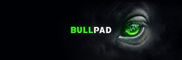A dark promotional graphic for "BULLPAD" featuring a glowing green eye-like circular design with radiating light effects.