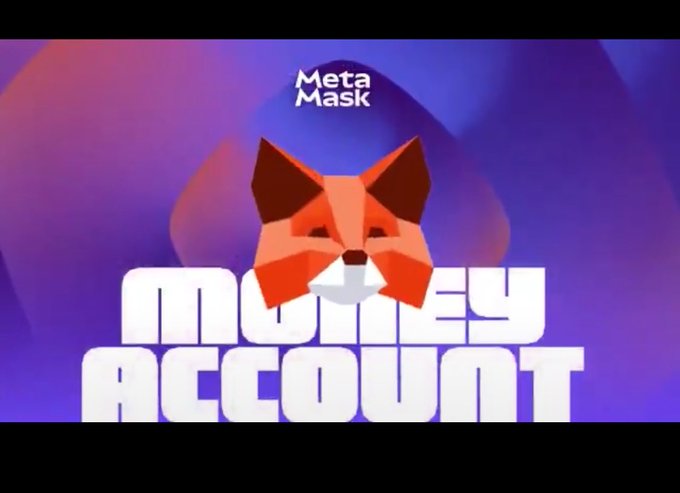 A MetaMask promotional graphic for 'MONEY ACCOUNT' featuring a geometric fox logo on a purple gradient background.
