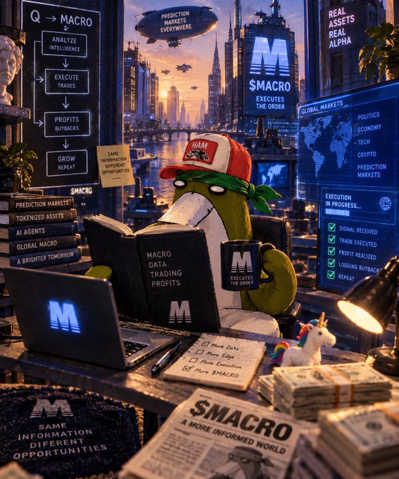 A promotional graphic for '$MACRO' features a penguin character wearing a HAM hat and bandana, sitting at a desk with a book titled 'MACRO DATA TRADING PROFITS', a coffee mug reading 'M EXECUTES THE ORDER', and a flowchart labeled 'Q → MACRO' with steps including 'ANALYZE INTELLIGENCE' and 'GROW REPEAT'.
