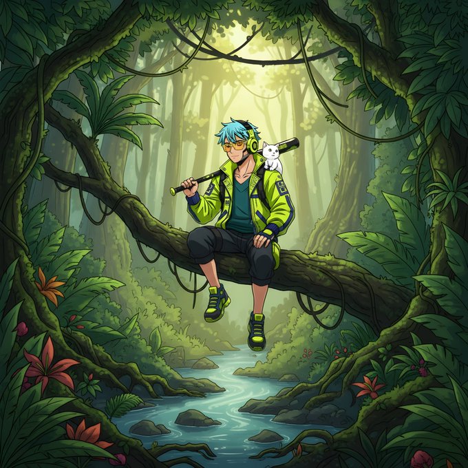 An anime-style illustration depicts a blue-haired character wearing a green jacket and yellow headphones, sitting on a tree branch in a lush forest with a small white cat resting on their shoulder.