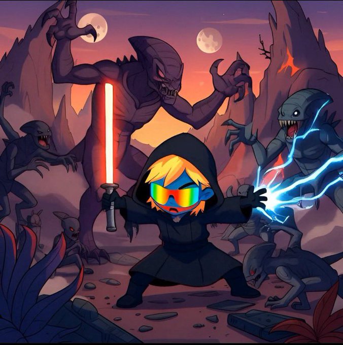 A cartoon-style illustration of a chibi Jedi character with orange hair and rainbow sunglasses wielding a red lightsaber and blue lightning magic, surrounded by monstrous creatures on an alien planet.
