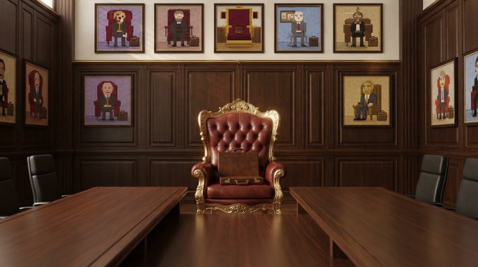 An ornate red leather throne sits at the head of a long wooden conference table in a wood-paneled boardroom, surrounded by framed pixel-art portraits of each fund's manager, visually representing the "4,001 unique seats" investors can claim in @themutualfun's collaborative trading community featuring the Argon, Bogle, Smaug, Midas, and Vladd funds.