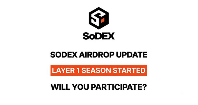 A promotional graphic for 'SoDEX' with the text 'SODEX AIRDROP UPDATE', a highlighted orange banner reading 'LAYER 1 SEASON STARTED', and the question 'WILL YOU PARTICIPATE?'.