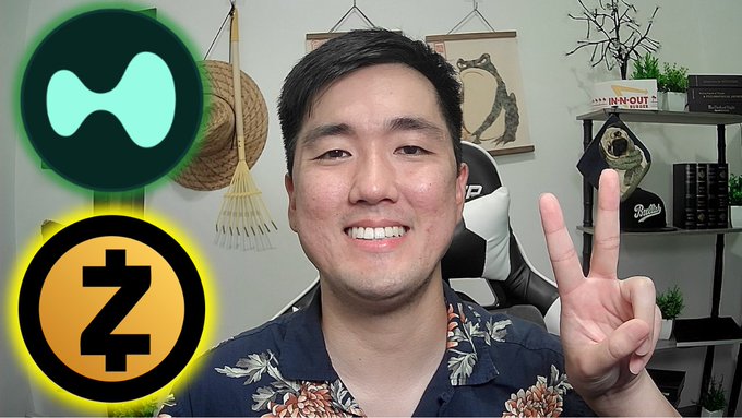 A smiling man in a floral shirt holds up a peace sign, flanked by the Hyperliquid (green hourglass logo) and Zcash (orange "Z" logo) cryptocurrency icons, visually aligning with the post's claim that $HYPE and $ZEC are poised for a parabolic rally after surviving the bear market.