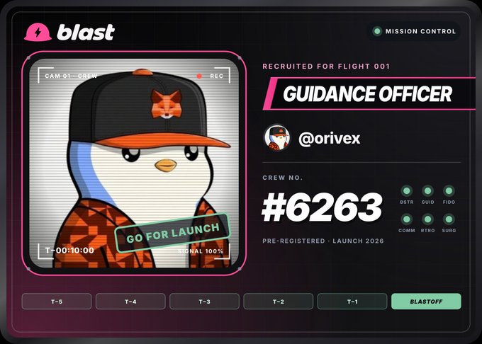 A Blast profile card showing a penguin avatar with an orange fox cap labeled 'GO FOR LAUNCH', crediting user @orivex as Guidance Officer with crew number #6263 and a 2026 launch date.