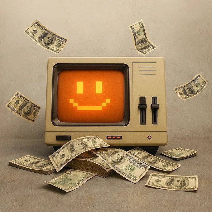 A digital artwork depicts a vintage computer monitor with a pixelated yellow smiley face on the screen, surrounded by stacks and floating US dollar bills.