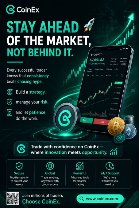 A CoinEx advertisement with the tagline 'STAY AHEAD OF THE MARKET, NOT BEHIND IT,' featuring a trading interface and the website www.coinex.com.