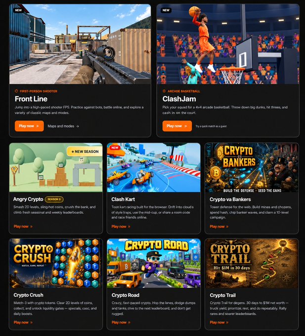 A screenshot of a gaming website displaying various games including 'Front Line' (a first-person shooter), 'ClashJam' (arcade basketball), 'Angry Crypto' (Season 2), 'Clash Kart', 'Crypto va Bankers', 'Crypto Crush', 'Crypto Road', and 'Crypto Trail', each with 'Play now' buttons and descriptions.