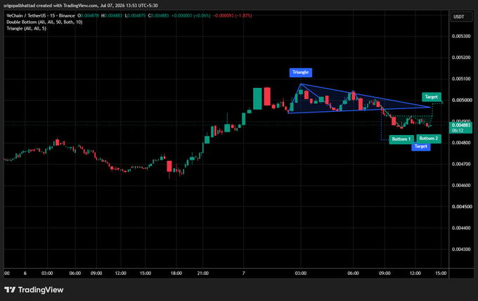 A TradingView candlestick chart for VeChain (TetherUS on Binance) showing a 15-minute timeframe, with technical analysis annotations including a 'Triangle' pattern, 'Target', and 'Bottom 1'/'Bottom 2' markers.