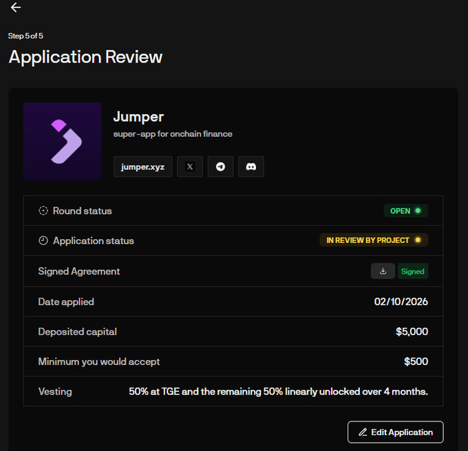 A dark-themed 'Application Review' screen for a project called 'Jumper — super-app for onchain finance' showing status 'IN REVIEW BY PROJECT', deposited capital of $5,000, and a vesting schedule of '50% at TGE and the remaining 50% linearly unlocked over 4 months'.