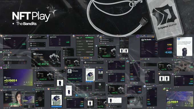 The image showcases the "NFTPlay - The Bandits" community, displaying a collage of crypto/NFT portfolio screenshots featuring various dollar amounts and positive returns (such as +0.1565, +0.1169, and +0.057 ETH), alongside an "Emperor Journal" emblem. It visually represents the "smoll community" making money in Web3 by highlighting diverse members' successful trading gains and NFT holdings.