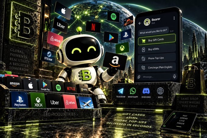 A promotional graphic for 'Bearer' showing a robot surrounded by app and brand logos (Uber, Netflix, PlayStation, Xbox, Spotify, etc.) and a chatbot interface offering gift cards, eSIMs, phone top-ups, and concierge services across 180+ countries.