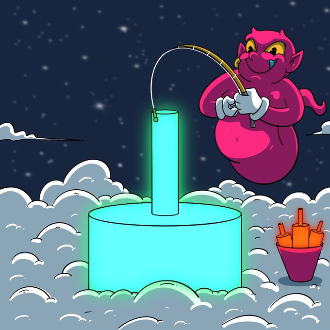 A pink devil-like creature floats among clouds at night, fishing with a rod into a glowing cyan candle, while a bucket of red candles sits nearby—visually reinforcing the caption's "17 red candles" reference and the anticipation of a "green one" reversal.