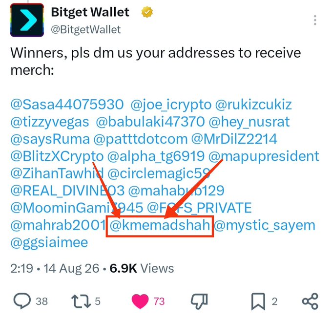 A tweet from Bitget Wallet (@BitgetWallet) asking winners to DM their addresses for merch, with a list of tagged usernames and arrows pointing to '@kmemadshah'.