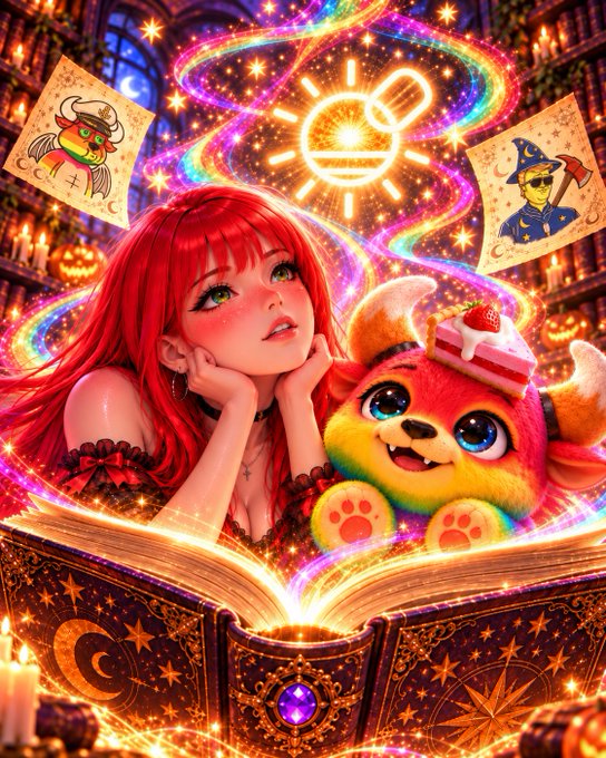 A vibrant, colorful illustration of an anime-style red-haired girl and a cute creature character emerging from a magical glowing book, surrounded by swirling rainbow ribbons, stars, and Halloween-themed cards.