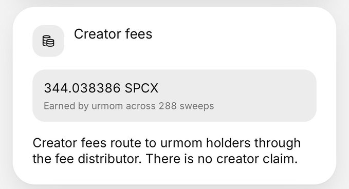 A digital interface showing 'Creator fees' of '344.038386 SPCX' earned by urmom across 288 sweeps, with a note that fees route to urmom holders.
