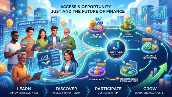 A vibrant promotional graphic titled "ACCESS & OPPORTUNITY JUST AND THE FUTURE OF FINANCE" illustrates the DeFi ecosystem with diverse users engaging in activities like staking, yield farming, lending, borrowing, and governance, centered around the "JUST DeFi Ecosystem" logo. The visual highlights the four-stage user journey—Learn, Discover, Participate, and Grow—aligning with the post's message about JUST driving DeFi adoption by empowering everyone to access decentralized financial tools.