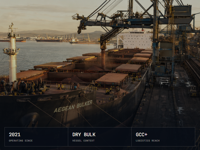 A dry bulk cargo vessel named "AEGEAN BULKER" is loaded with iron ore at a port terminal via industrial cranes, with an overlay noting "2021" as the operating since date, "DRY BULK" vessel context, and "GCC+" logistics reach.

The image grounds the abstract post about tokenization in a tangible reality: a massive physical ship full of real commodity, visually reinforcing the message that on-chain representation is just the surface layer—the underlying asset requires genuine infrastructure, logistics, and demand to actually deliver value.