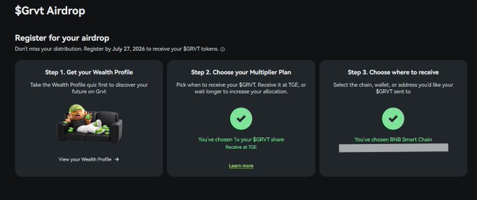 A webpage for "$Grvt Airdrop" showing three registration steps: Get your Wealth Profile, Choose your Multiplier Plan (selected 1x share at TGE), and Choose where to receive (BNB Smart Chain), with a registration deadline of July 27, 2026.