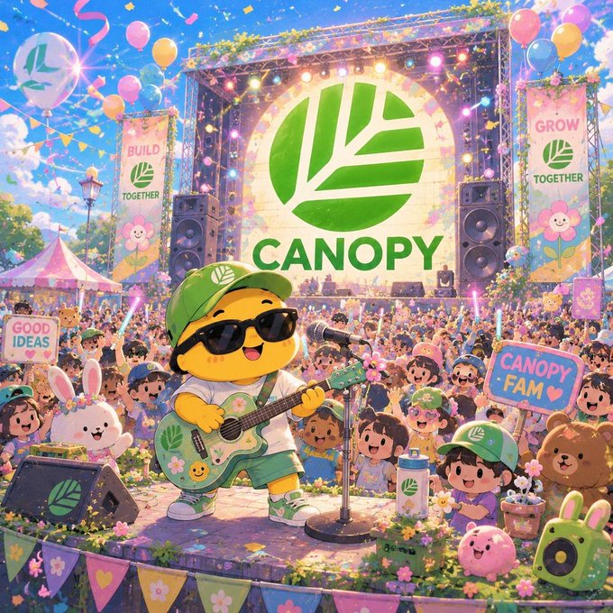 A vibrant illustration of a yellow cartoon character wearing sunglasses and a green cap playing a decorated guitar on stage at a festival, with a large 'CANOPY' leaf emblem, 'BUILD TOGETHER,' 'GROW TOGETHER,' and 'CANOPY FAM' signs, and a cheering crowd.