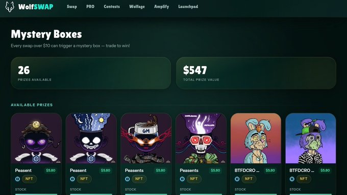 A WolfSwap promotional page for "Mystery Boxes" showing 26 prizes available with a total prize value of $547, featuring various NFT and BTFDCRO pepe character prizes.