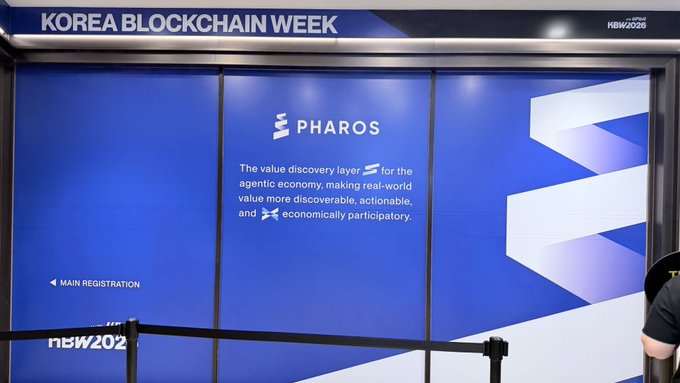 A large blue wall display at the 'KOREA BLOCKCHAIN WEEK' (KBW 2025) event features the Pharos logo and text describing it as 'The value discovery layer for the agentic economy, making real-world value more discoverable, actionable, and economically participatory.'
