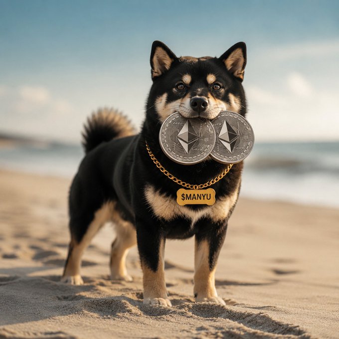A black and tan Shiba Inu dog stands on a sandy beach with the ocean behind it, wearing a gold chain with an Ethereum coin on either side of its face and a name tag reading '$MANYU'.