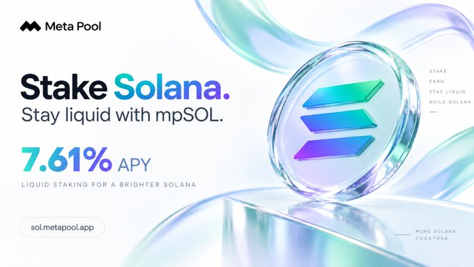 A Meta Pool advertisement promotes 'Stake Solana. Stay liquid with mpSOL.' offering 7.61% APY for liquid staking, displayed alongside a 3D Solana coin graphic.