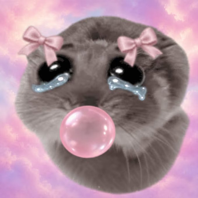 An edited, cute image of a cat with large shiny anime-style eyes, blue tears, pink bows on its ears, and a pink bubblegum bubble, set against a pink and purple dreamy background.