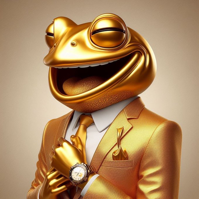 A golden frog mascot wearing a luxury suit, tie, and wristwatch against a beige background.