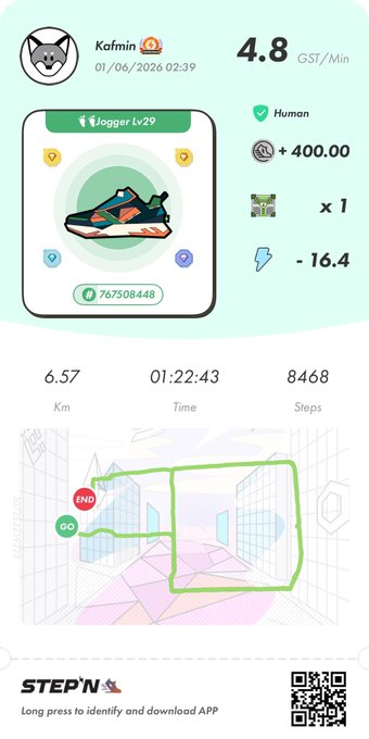 The image shows a step-by-step guide for using an app called "Stepn" that helps track physical activity, such as walking or running. The app displays information about the user's progress, including their current location, distance traveled, calories burned, and time spent exercising. It also provides tips on how to improve performance during workouts. The post is written in a casual tone with a cartoon-like style, making it easy for users to understand and follow along.