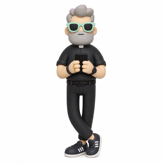 A 3D cartoon illustration of an older man with gray hair and beard, wearing green sunglasses, a black shirt, and black pants, looking at his phone.
