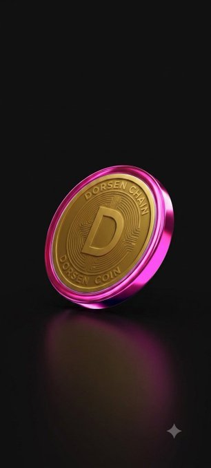 A 3D-rendered coin or token with a pink metallic edge and a gold center featuring the letter 'D' and the text 'DORSEN CHAIN' and 'DORSEN COIN'.