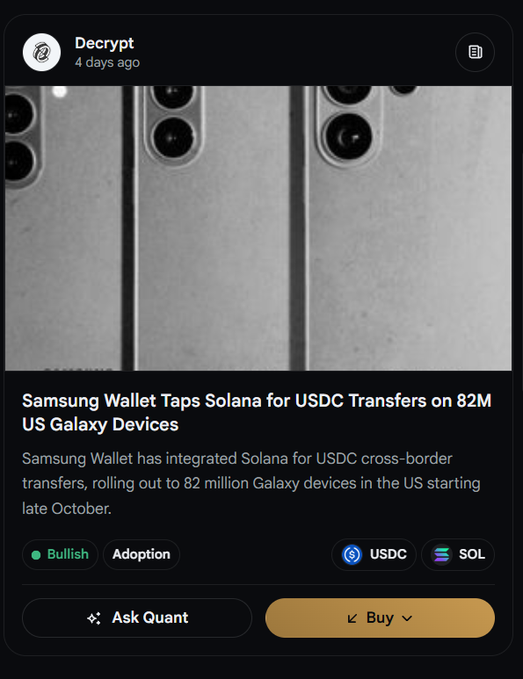 A Decrypt article titled 'Samsung Wallet Taps Solana for USDC Transfers on 82M US Galaxy Devices' with tags Bullish, Adoption, USDC, and SOL.