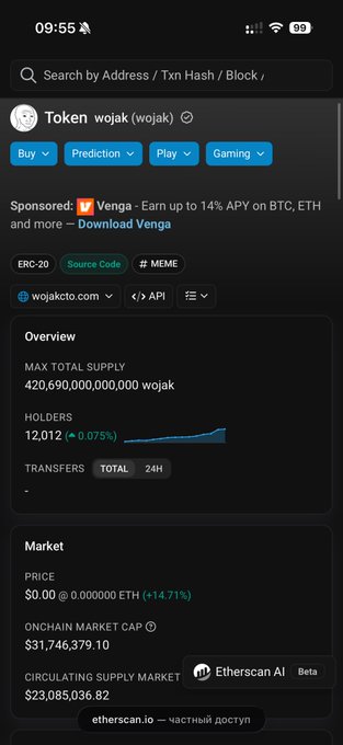 An Etherscan mobile page showing details for 'Token wojak (wojak)', an ERC-20 meme token with a max total supply of 420,690,000,000,000 wojak and an on-chain market cap of $31,746,379.10.